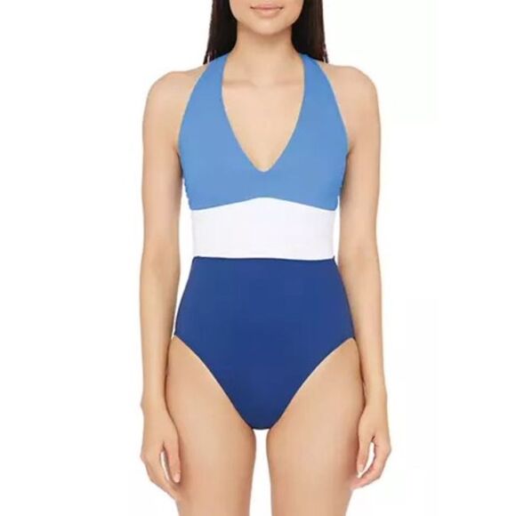 Lauren Ralph Lauren BLUE Color-Block Twist Back Halter One-Piece Swimsuit US 10 - Picture 4 of 11